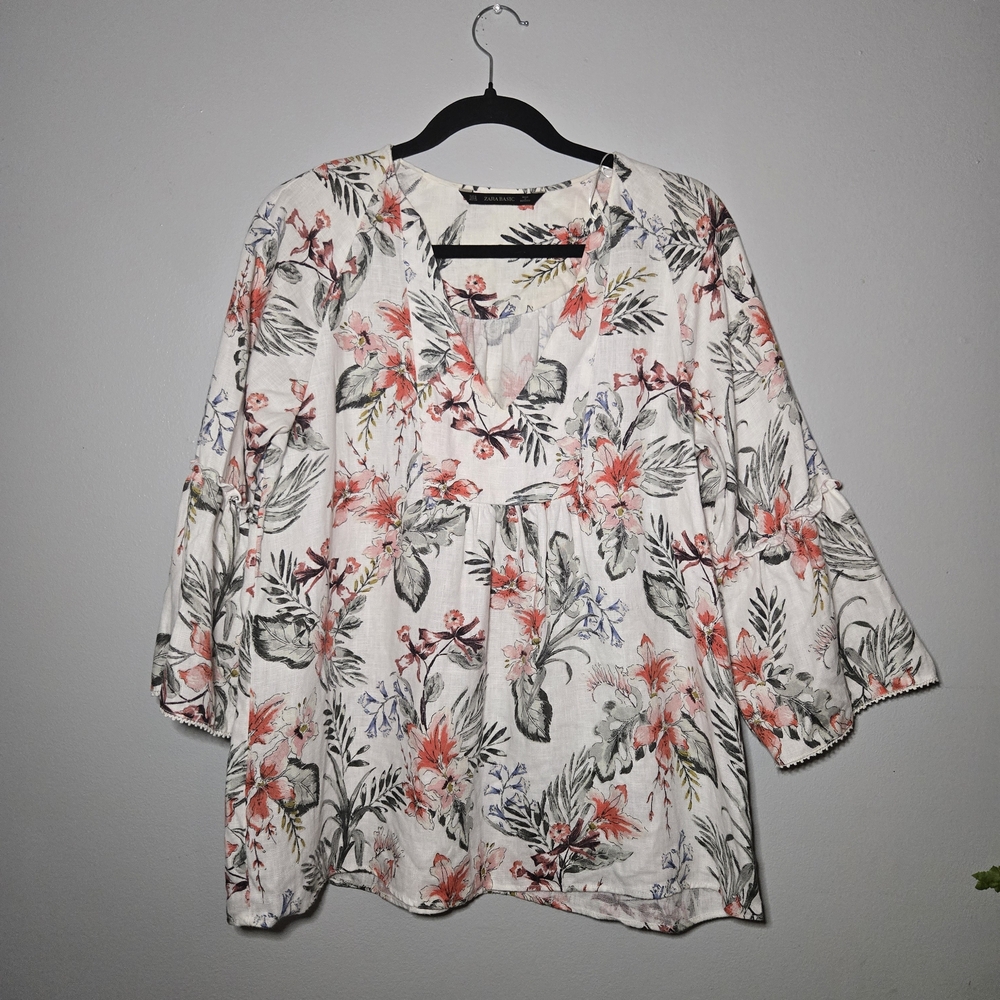 Zara Basic‎ Floral Peplum Blouse V-Neck Long Sleeve Size Medium